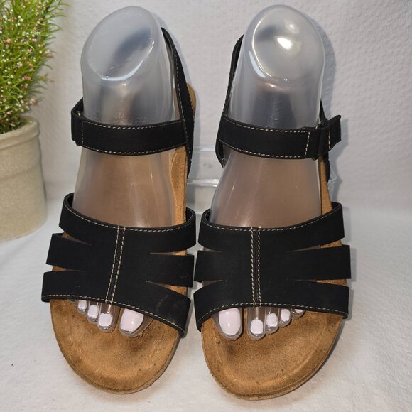 EUROSOFT BY SOFFT BLACK STRAPY SANDAL CORK HEEL WOMENS SIZE 8.5 EUC - Picture 1 of 9